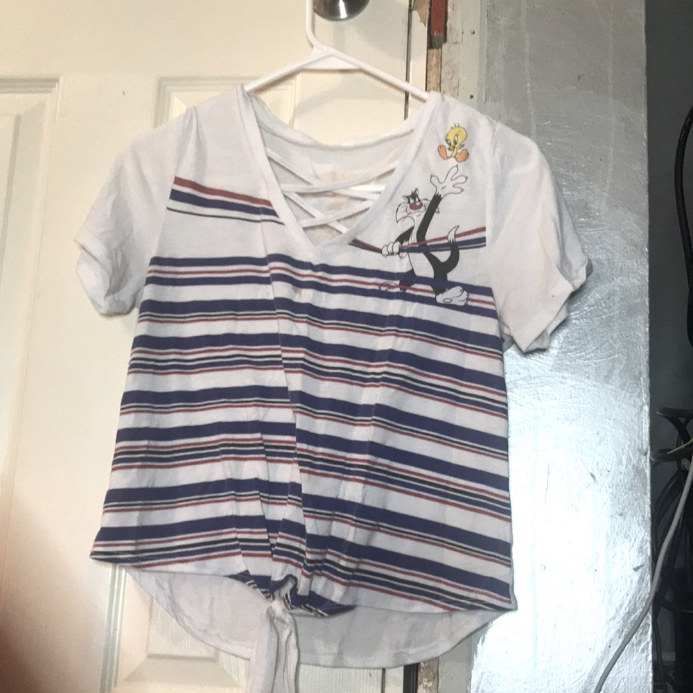 White, blue, and red crop-top. Looney tunes